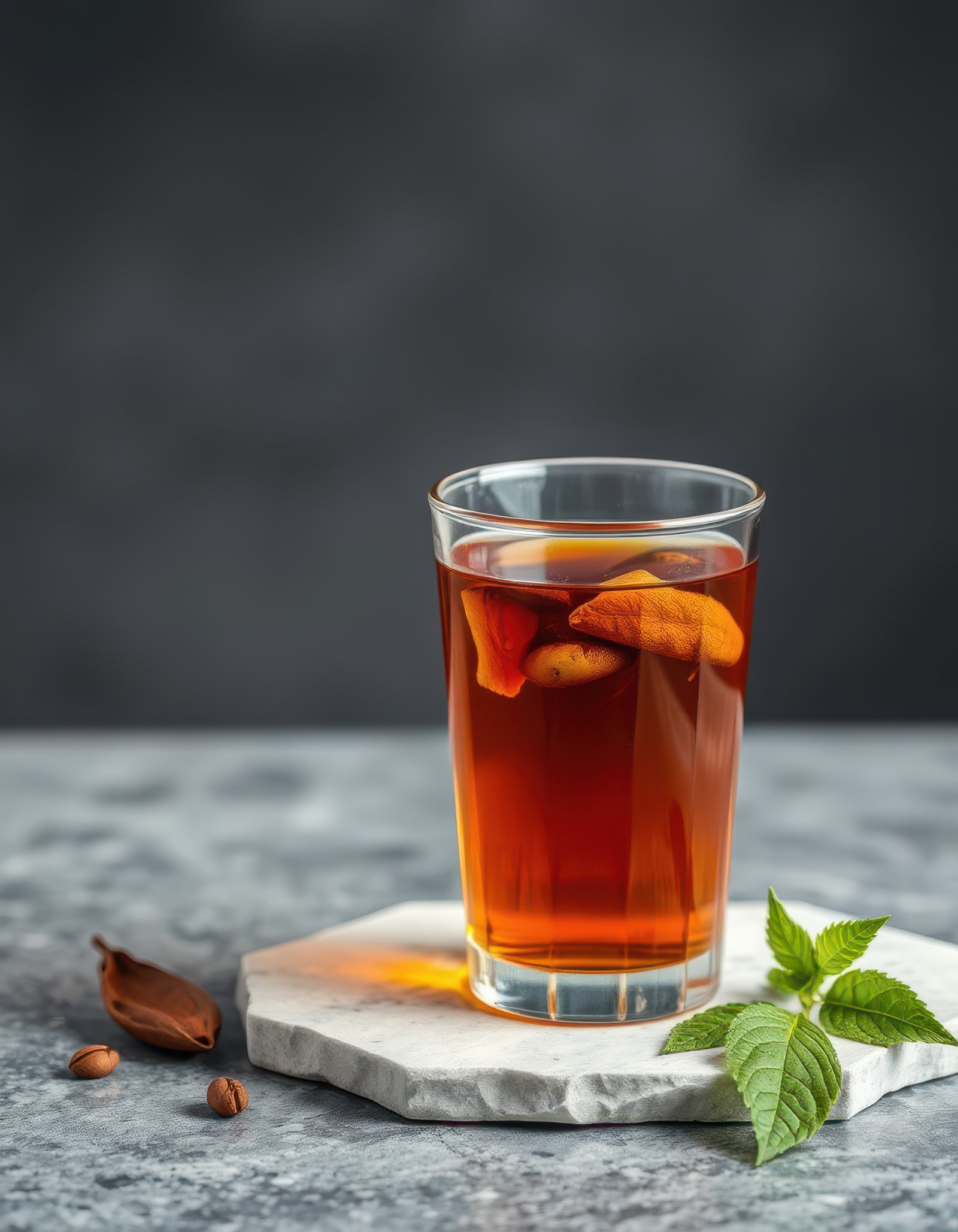 Refreshing herbal tea served in a clear glass with mint leaves and spices on a marble coaster
